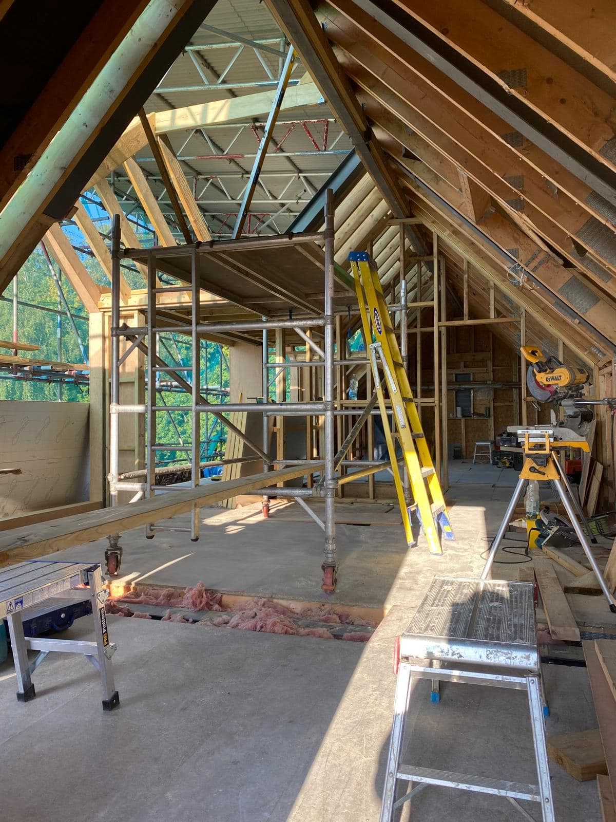 Vaulted roof structure framed out before lining