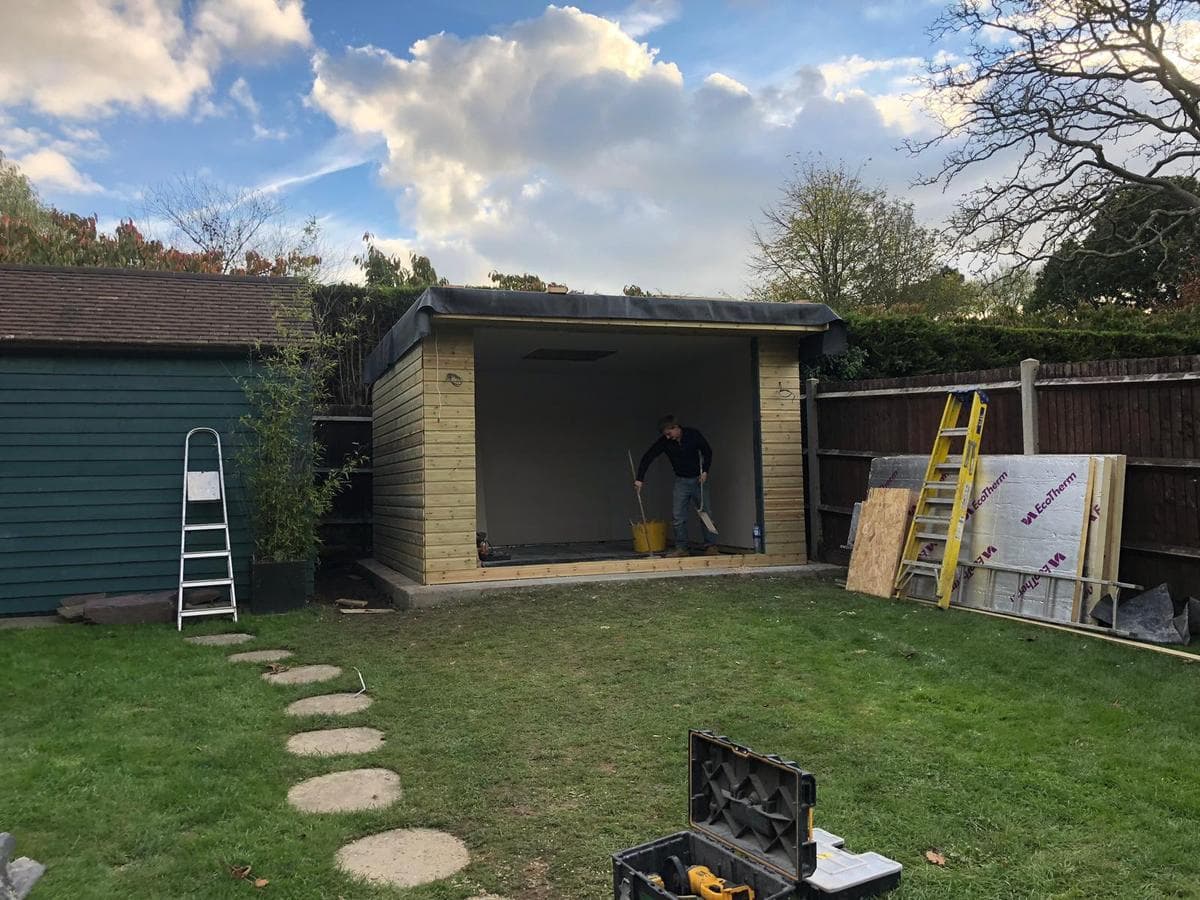 Garden room mid build, from the garden