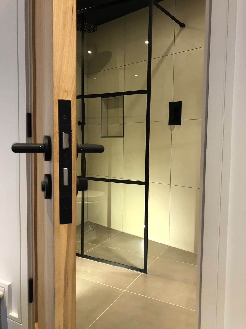 Shower room with a black steel framed glass screen