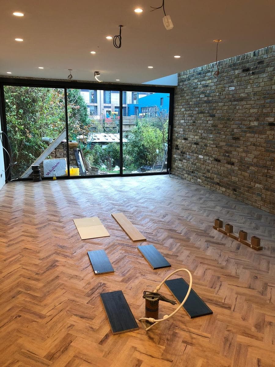 Parquet going down, brick wall