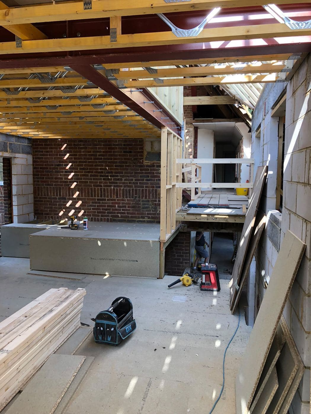 Steel frame for a rear extension, viewed from inside