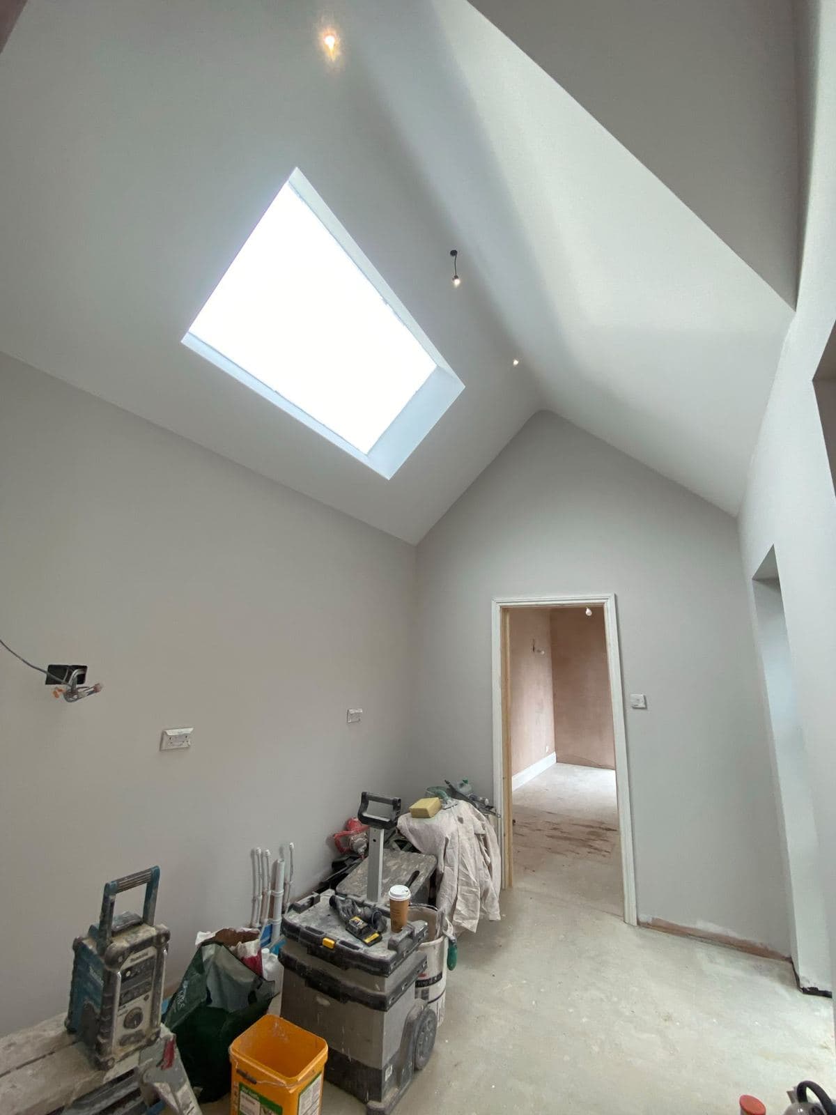 Finished vaulted home office extension with rooflight down the ridge