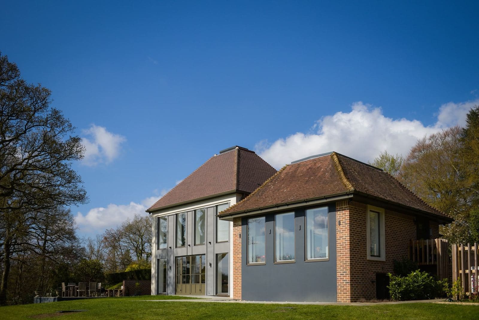 The finished rear extension, glazed box with a balcony above