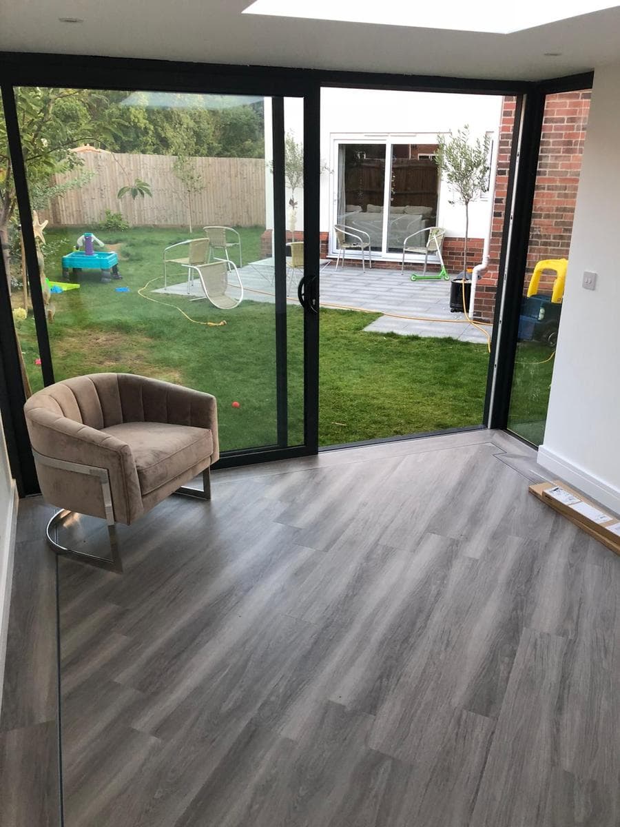 Garden room interior, sliders to garden