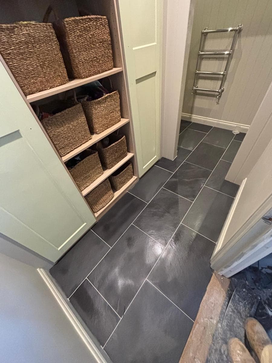 Boot room shelving and tiled floor